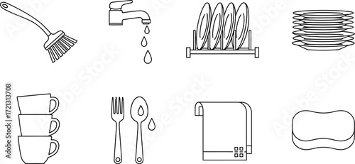 Outline kitchenware washing dishes clean up vector illustration
