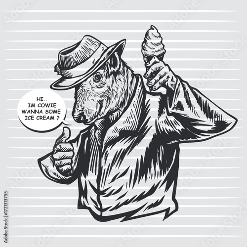 Vector Vintage Anthropomorphic Cow Detective Offering Ice Cream in Retro Engraved Style