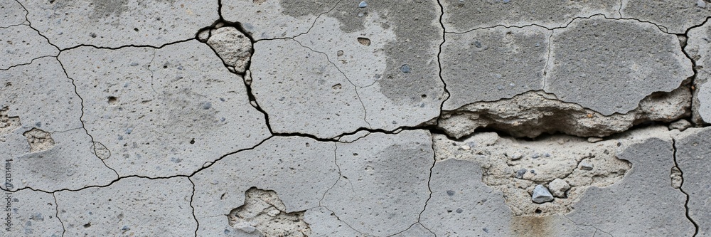 Obraz premium Close-up view of a concrete wall with extensive cracking and surface damage, revealing underlying material and texture.