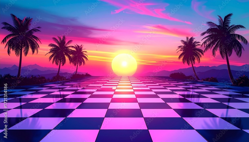 Naklejka premium Retro Sunset with Checkered Path and Palm Silhouettes