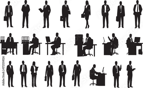 Business People Silhouette Vector Set | Professionals Standing, Walking and Working at Desks for Corporate Presentations, Infographics and Design Elements