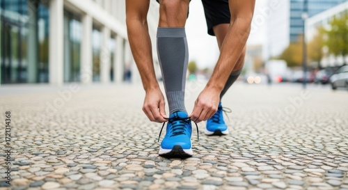 Runner Tying Laces On Blue Athletic Shoes Before Outdoor Training