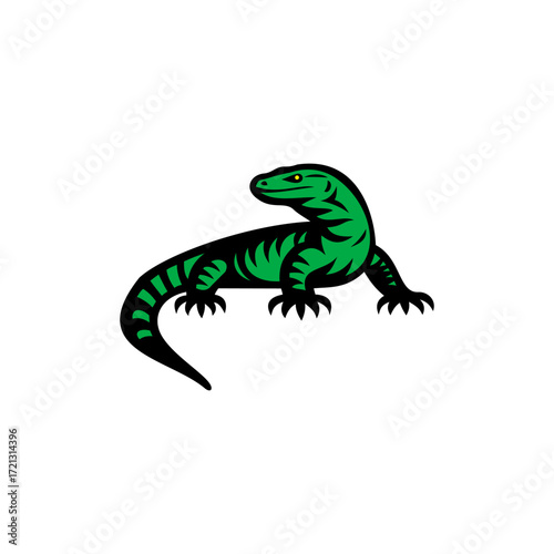 Vector illustration of a green monitor lizard with bold black markings isolated on white 