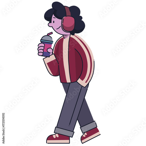 Person walking, listening to music with headphones, drinking coffee or smoothie. Leisure, casual style, city street, youth lifestyle