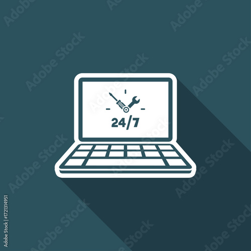 Computer assistance 24/7 full time - Vector flat icon