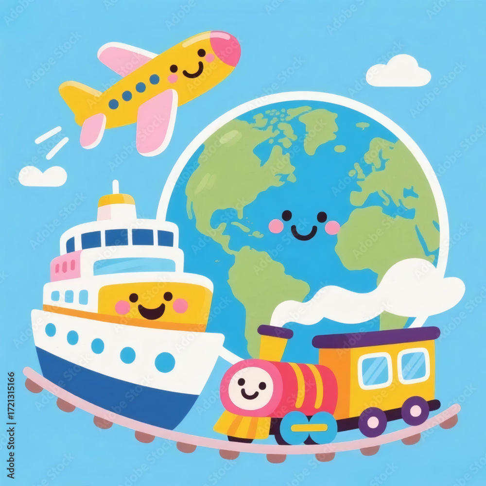 Obraz premium Cartoon Global Travel Vector with Cute Airplane and Ship