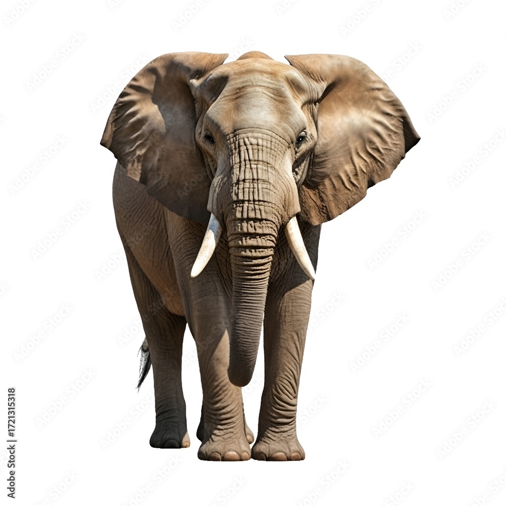 Fototapeta premium African elephant bull with large tusks, majestic wild elephant walking forward, grey wrinkled skin texture of a savannah elephant isolated on White Background
