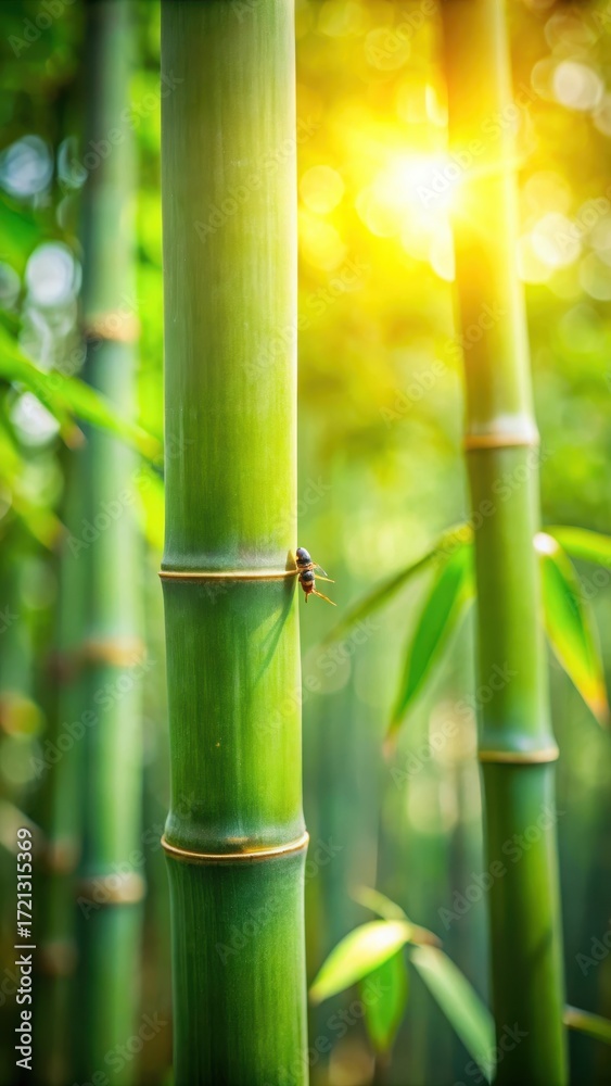 Obraz premium A close-up shot of a single bamboo stem in the garden with sunlight filtering through the leaves and a small insect crawling on its surface