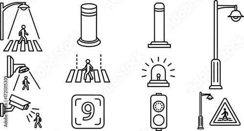 Street safety pedestrian crossing signs and traffic elements icon