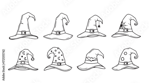 Collection of hand drawn wizard witch hats various styles decorative halloween accessories silhouette
