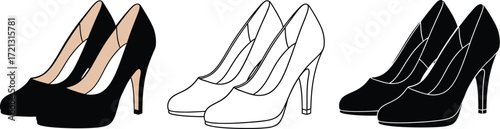 Shop elegant black high heel shoes vector illustration set
