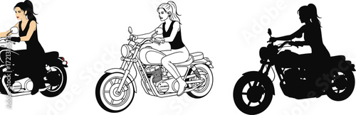 Woman riding motorcycle vector illustration collection set