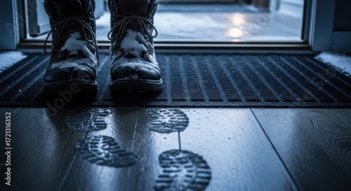 Winter Boots Leave Snowy Footprints on Wooden Floor Inside House Entrance