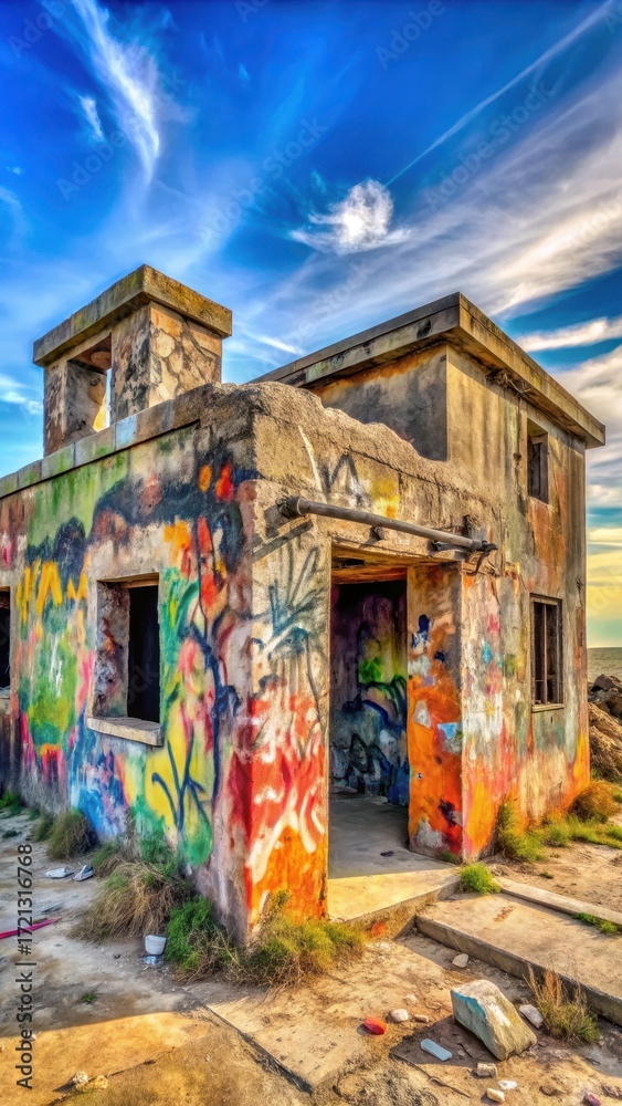 Fototapeta premium Abandoned military outpost with worn stone walls and colorful graffiti covering the surfaces