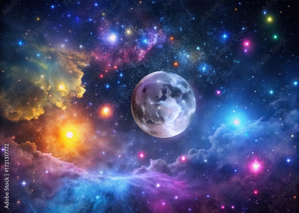 Obraz premium Dark nebula against a vibrant starry sky with numerous constellations and a full moon