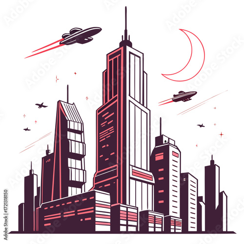 Vector art of a futuristic cityscape illustration featuring tall buildings, flying spaceships, and a crescent moon, a retrofuturistic scene with a modern touch