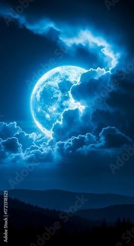Mystical Blue Full Moon Night Sky with Dramatic Glowing Clouds.