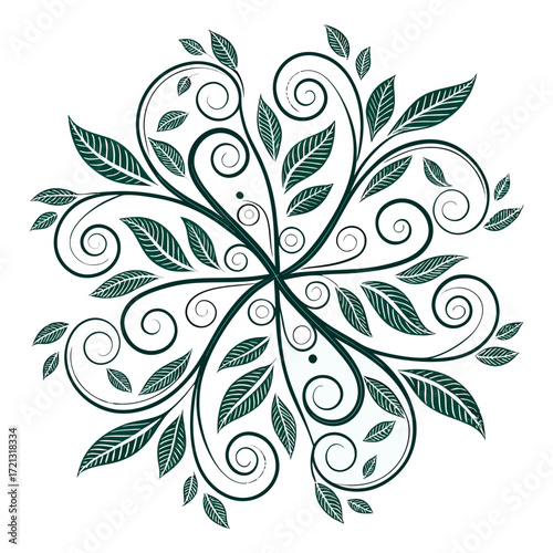 Vector art of a symmetrical floral design, showcasing swirling leaves and intricate patterns in a deep green hue, creating a visually appealing and organic composition