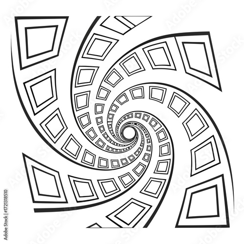 Vector art of a mesmerizing optical illusion featuring a spiraling vortex of geometric shapes, creating a captivating and dynamic visual effect, perfect for modern design