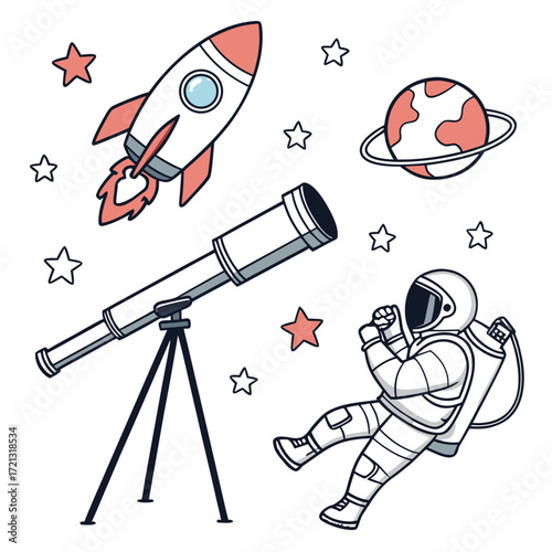 Vector art of a delightful cartoon illustration showcases a rocket, telescope, planet, and astronaut, capturing the wonder and excitement of space exploration with vibrant colors and playful designs