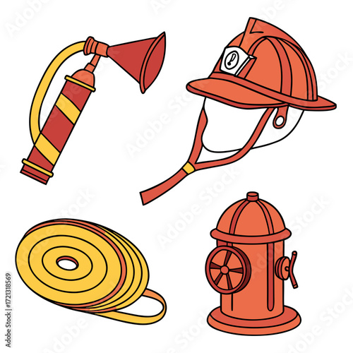 Vector art of a set of firefighter equipment illustrations, including a fire extinguisher, helmet, hose, and hydrant, , perfect for safety awareness and emergency preparedness