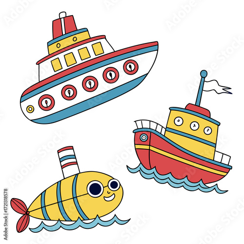 Vector art of collection of toy boats, including a steamboat, a submarine, and a cruise ship, perfect for childrens illustrations and nautical themes