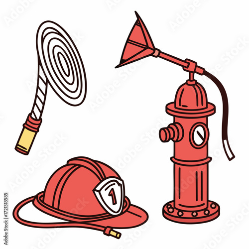 Vector art of firefighter equipment helmet, fire hydrant, and hose, essential tools for firefighting and rescue operations, symbolizing safety and emergency response