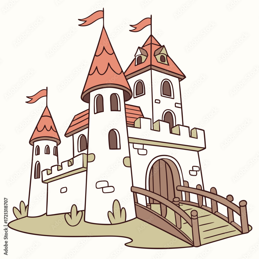 Obraz premium Vector art of a charming cartoon illustration of a medieval castle with towers, flags, and a bridge, evoking a sense of fairytale magic and adventure for childrens stories