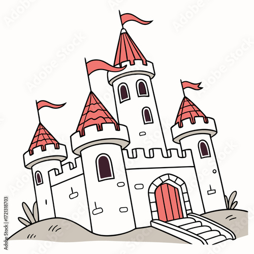 Vector art of a captivating cartoon illustration of a majestic castle with multiple towers, flags, and an arched entrance, inviting viewers into a world of fantasy and historical grandeur