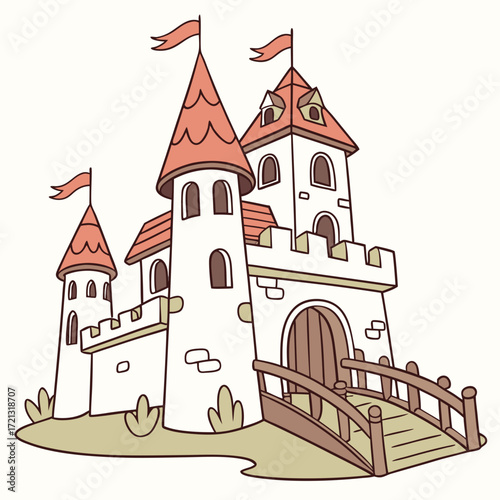 Vector art of a charming cartoon illustration of a medieval castle with towers, flags, and a bridge, evoking a sense of fairytale magic and adventure for childrens stories