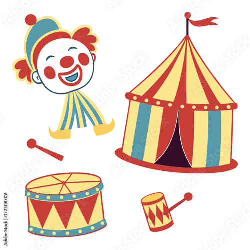 Vector art of a whimsical illustration featuring a cheerful clown, a colorful circus tent, a drum, and a mallet, creating a playful and inviting scene for childrens entertainment