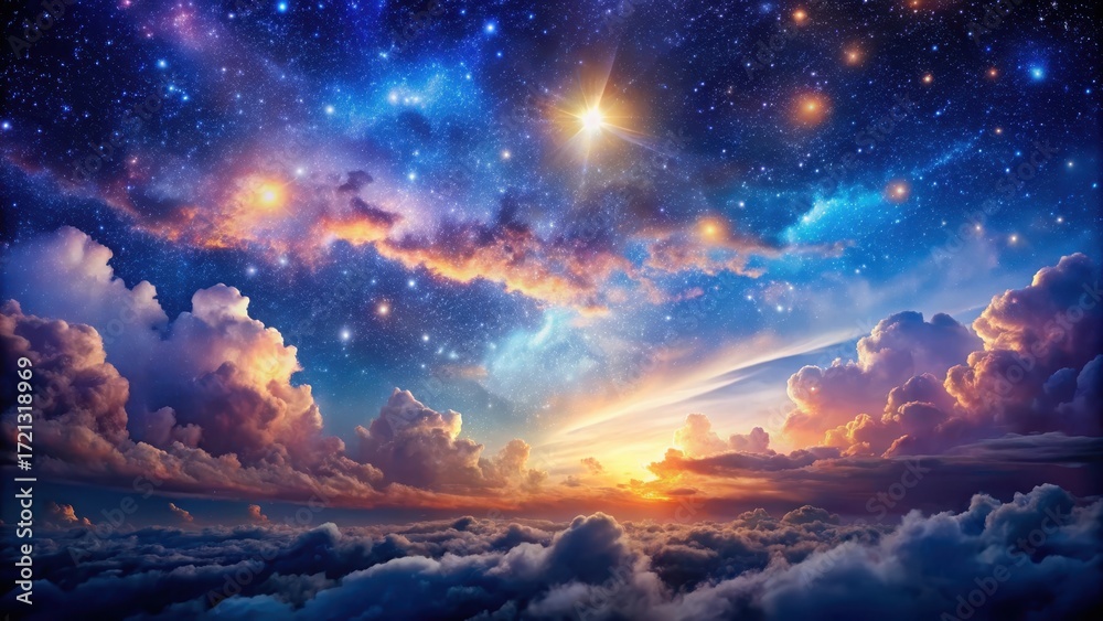 Naklejka premium Cosmic night sky with vibrant stars and fluffy clouds