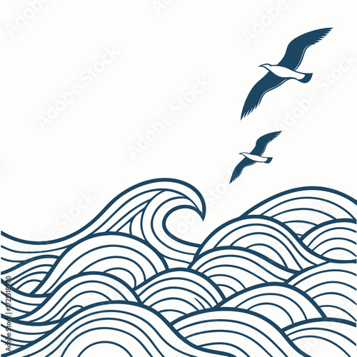 Vector art of a serene illustration depicting stylized ocean waves and two seagulls in flight, rendered in a minimalist style with a calming color palette, evoking a sense of tranquility