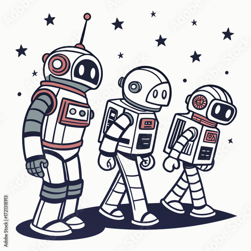 Vector art of three cartoon astronauts walk under a starry sky, the robots are designed with a retro aesthetic, featuring simple shapes and muted colors, evoking a sense of adventure