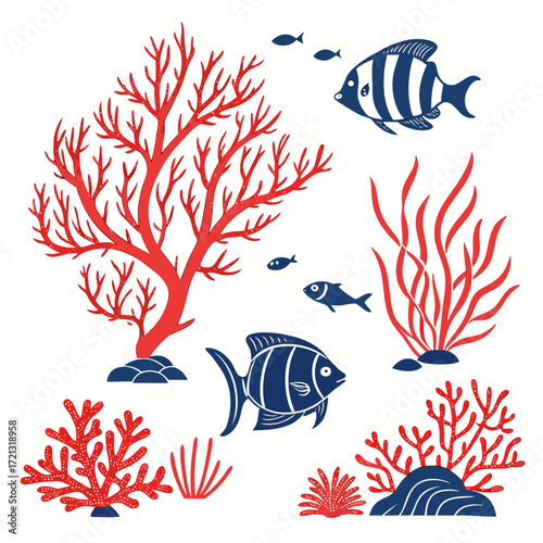 Vector art of a whimsical underwater scene illustration showcasing vibrant coral, graceful fish, and lush seaweed creating a captivating marine environment
