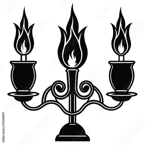 Ornate candelabra with three burning flames silhouette