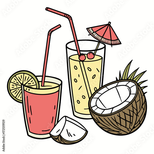 Vector art of exotic cocktails a vibrant collection of tropical cocktails featuring coconut, pineapple, and citrus flavors, perfect for a refreshing summer indulgence