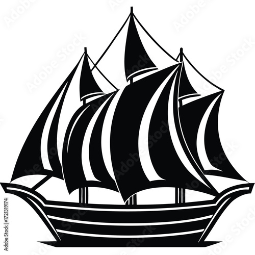 Vintage sailing ship with full sails silhouette