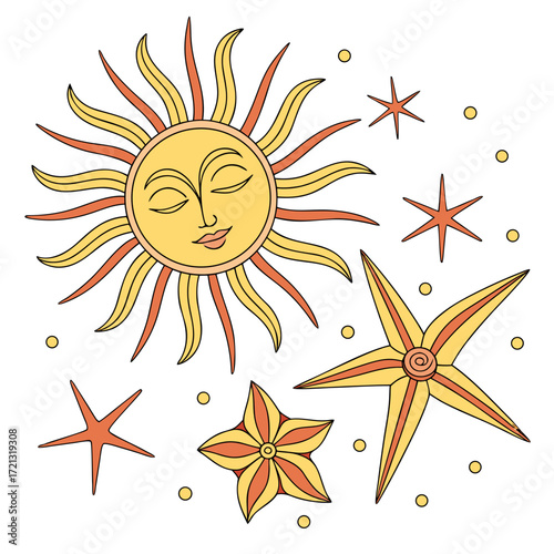 Vector art of celestial harmony a whimsical illustration of a sun with closed eyes surrounded by stars, creating a dreamy and enchanting atmosphere