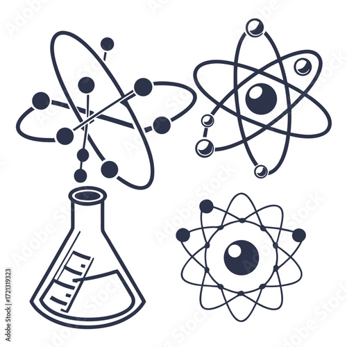 Vector art of scientific exploration a graphic illustration of atoms, molecules, and a beaker, symbolizing chemistry, physics, and the pursuit of knowledge
