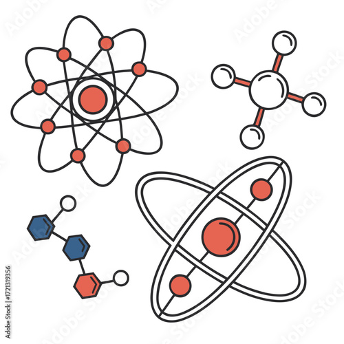 Vector art of colorful science elements illustration, featuring atoms, molecules, and chemical structures perfect for educational materials and scientific designs