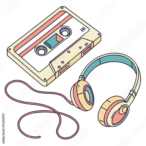 Vector art of a retro cassette tape and a pair of headphones, symbols of music and nostalgia, are displayed in a minimalist style
