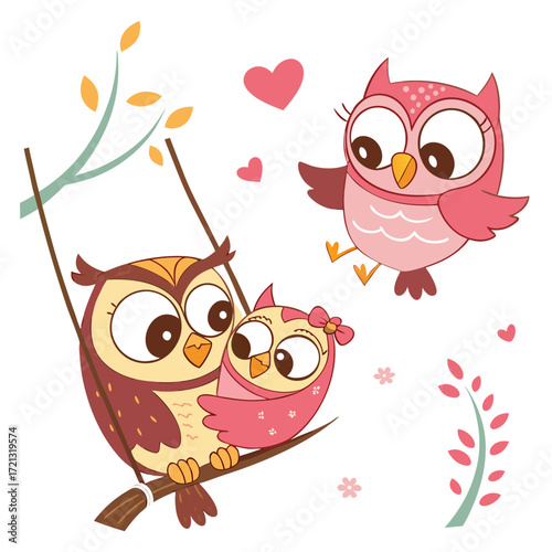Vector art of adorable cartoon owls a heartwarming illustration of a family of owls, perfect for adding a touch of love and nature to your creative projects with its charming design