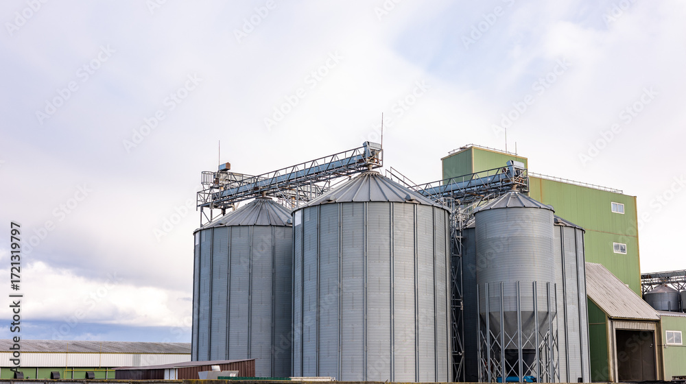 Obraz premium A low-angle view of large fly ash silos at an industrial plant, showcasing the towering infrastructure used for ash storage and processing. The silos are equipped with ladders and metal support struct