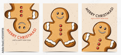 Cute set of Christmas greeting cards, postcards, invitations with adorable gingerbread cookie on beige background, vector illustration