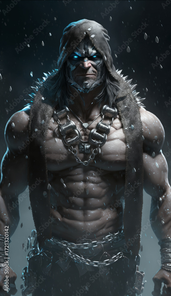 Fototapeta premium Portrait of a muscular barbarian warrior in armor and scars.