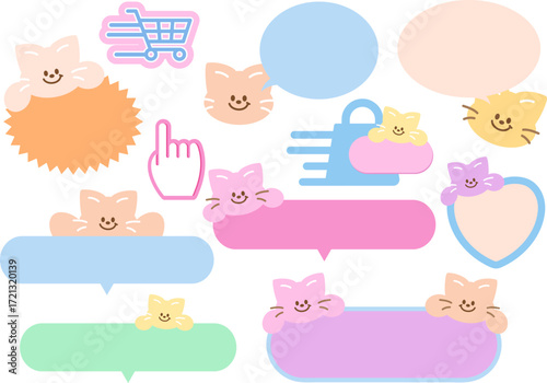 Pastel vector illustration of sale tags with cat for text, message, communication, speech, chat, dialogue, cartoon, comic, animal print, pet shop, name tag, sticker, online shopping, promotion, banner