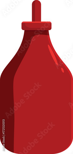 Red plastic bottle dispensing tomato ketchup or other sauce, isolated on white background