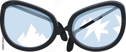 Stylish eyeglasses with a broken lens reflecting mountains, symbolizing impaired vision or a damaged perspective