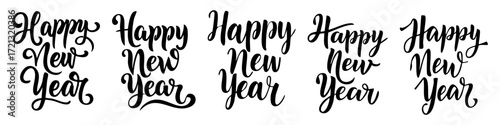 Happy New Year lettering, elegant calligraphy, festive typography design, black ink on white background, vector illustration, decorative script font, minimal style, holiday greeting card template, mod